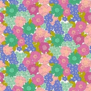extra small - Build me up buttercup - blue green pink rose purple mint - retro 60s - 70s floral fabric with buttercups wood anemones and anemone coronaria flowers