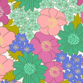 large - Build me up buttercup - blue green pink rose purple mint - retro 60s - 70s floral fabric with buttercups wood anemones and anemone coronaria flowers