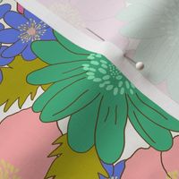 medium - Build me up buttercup - blue green pink rose purple mint - retro 60s - 70s floral fabric with buttercups wood anemones and anemone coronaria flowers