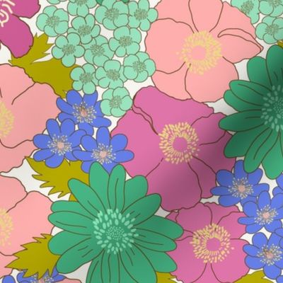 medium - Build me up buttercup - blue green pink rose purple mint - retro 60s - 70s floral fabric with buttercups wood anemones and anemone coronaria flowers