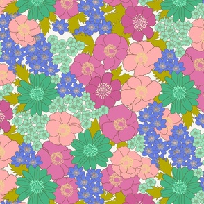 medium - Build me up buttercup - blue green pink rose purple mint - retro 60s - 70s floral fabric with buttercups wood anemones and anemone coronaria flowers