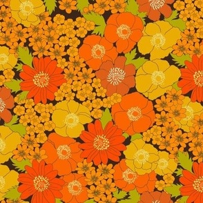 small - Build me up buttercup - brown yellow and orange - retro 70s floral fabric with buttercups wood anemones and anemone coronaria flowers