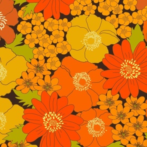 large - Build me up buttercup - brown yellow and orange - retro 70s floral fabric with buttercups wood anemones and anemone coronaria flowers