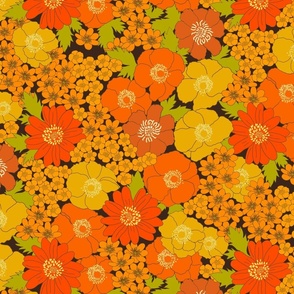 medium - Build me up buttercup - brown yellow and orange - retro 70s floral fabric with buttercups wood anemones and anemone coronaria flowers kopi