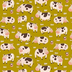 retro farm animal cow grass kids mustard