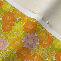 extra small - Build me up buttercup - pink yellow and orange - retro 70s floral fabric with buttercups wood anemones and anemone coronaria flowers NEW kopi