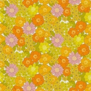 extra small - Build me up buttercup - pink yellow and orange - retro 70s floral fabric with buttercups wood anemones and anemone coronaria flowers NEW kopi