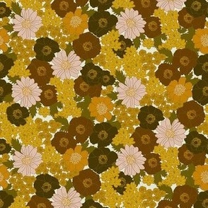 extra small - Build me up buttercup - pink yellow orange and brown - retro 60s - 70s floral fabric with buttercups wood anemones and anemone coronaria flowers