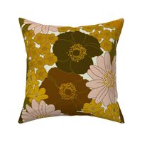 large - Build me up buttercup - pink yellow orange and brown - retro 60s - 70s floral fabric with buttercups wood anemones and anemone coronaria flowers