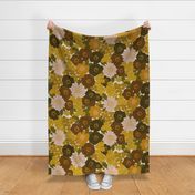 large - Build me up buttercup - pink yellow orange and brown - retro 60s - 70s floral fabric with buttercups wood anemones and anemone coronaria flowers