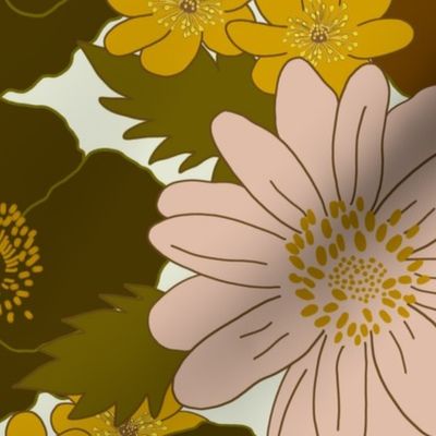 large - Build me up buttercup - pink yellow orange and brown - retro 60s - 70s floral fabric with buttercups wood anemones and anemone coronaria flowers