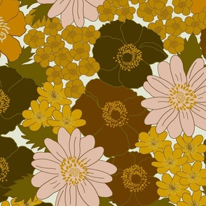 large - Build me up buttercup - pink yellow orange and brown - retro 60s - 70s floral fabric with buttercups wood anemones and anemone coronaria flowers