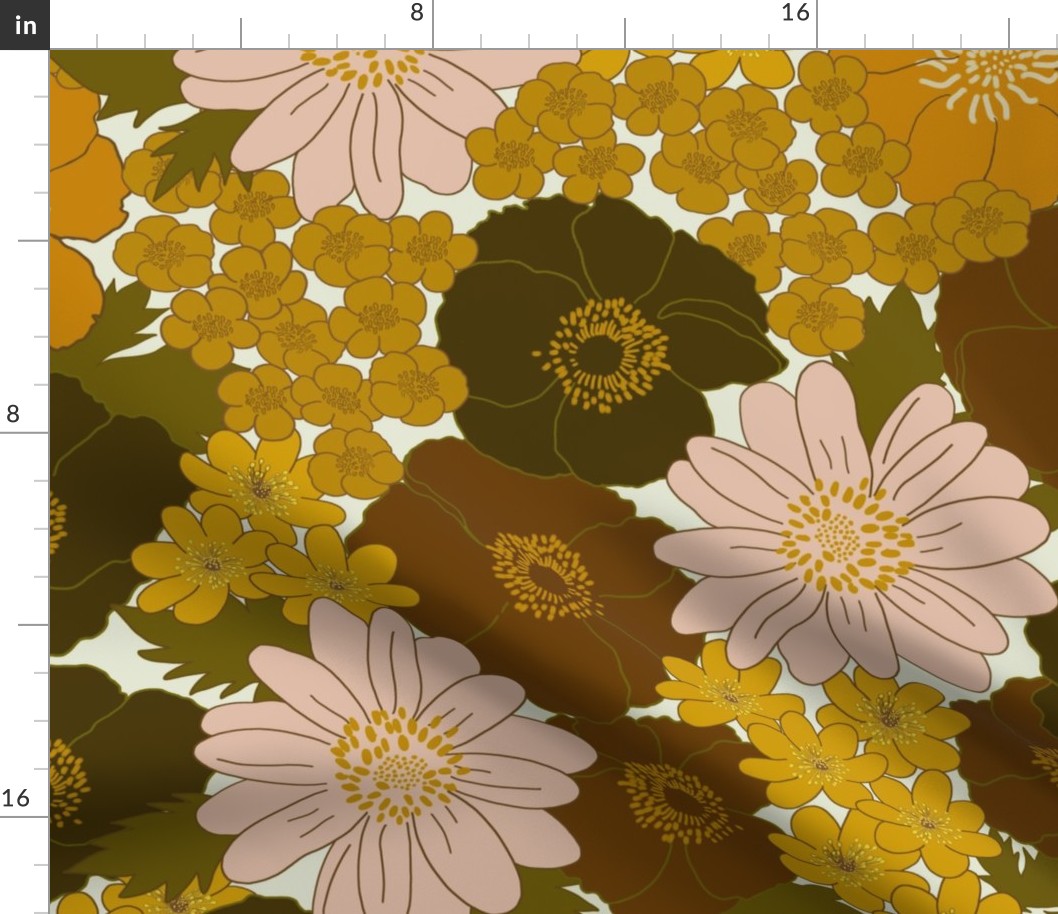 large - Build me up buttercup - pink yellow orange and brown - retro 60s - 70s floral fabric with buttercups wood anemones and anemone coronaria flowers