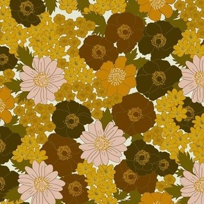 small - Build me up buttercup - pink yellow orange and brown - retro 60s - 70s floral fabric with buttercups wood anemones and anemone coronaria flowers