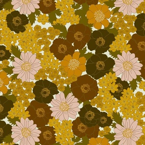 medium - Build me up buttercup - pink yellow orange and brown - retro 60s - 70s floral fabric with buttercups wood anemones and anemone coronaria flowers