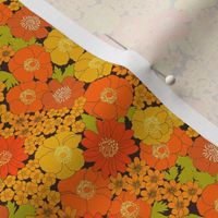 extra small - Build me up buttercup - brown yellow and orange - retro 70s floral fabric with buttercups wood anemones and anemone coronaria flowers