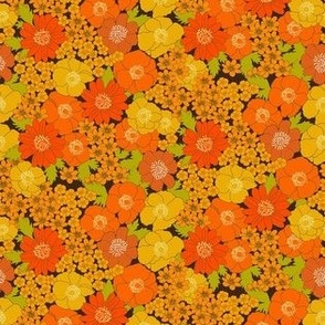 extra small - Build me up buttercup - brown yellow and orange - retro 70s floral fabric with buttercups wood anemones and anemone coronaria flowers