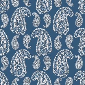 Boho Paisley Blue Woodblock Style Decorative Allover Print Textile Design
