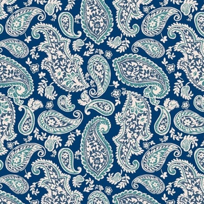 Paisley China Blues, Decorative Boho Woodblock Print Allover, multidirectional textile print