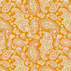 Paisley in Saffron, Decorative, Woodblock Style Boho Print, Multidirectional Paisley Design
