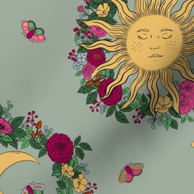 Medium - Sun moon and flowers - Faux Duron Coastal Plain green - Celestial magical floral - boho Whimsigothic witch lunar sky fabric - moths and flower wreaths