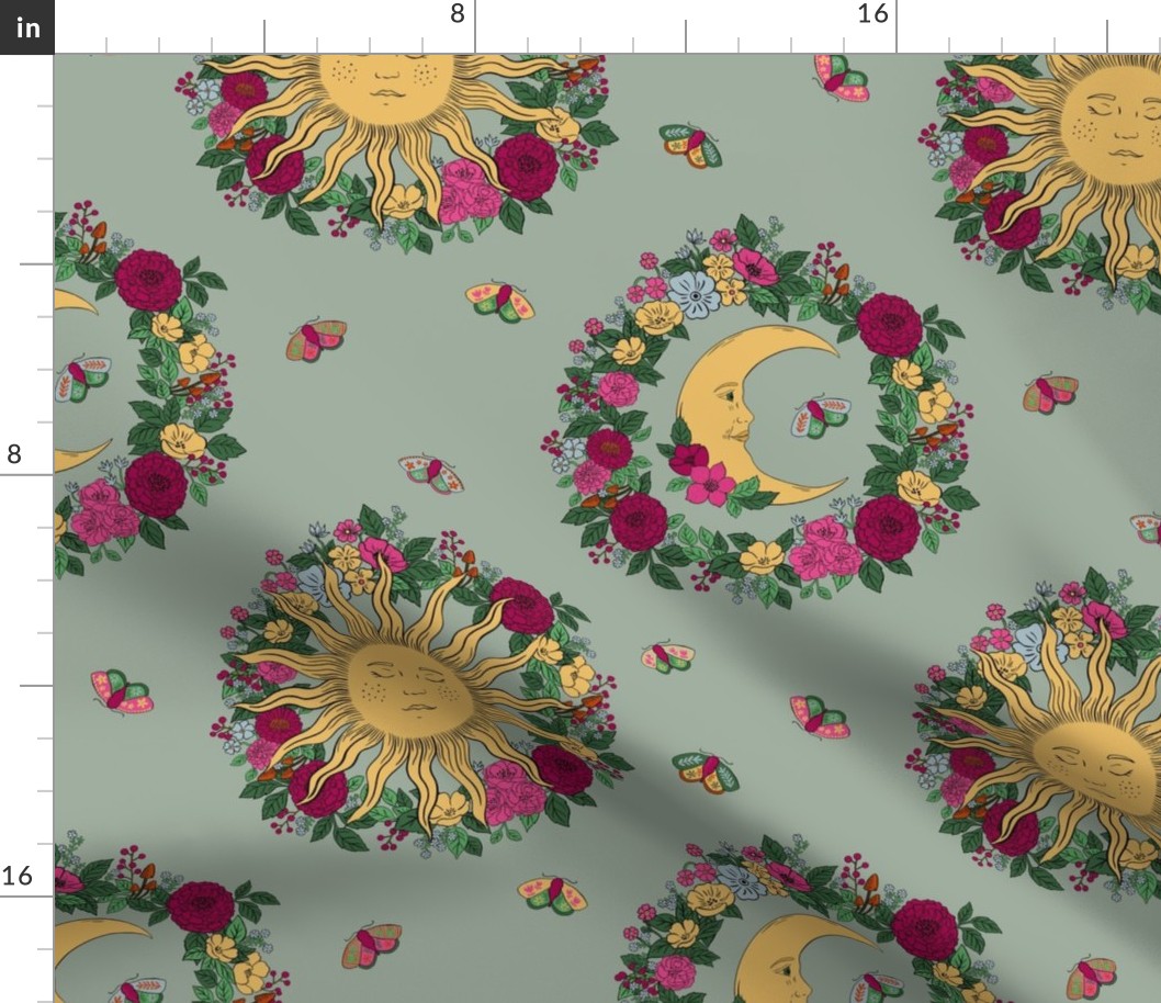 Medium - Sun moon and flowers - Faux Duron Coastal Plain green - Celestial magical floral - boho Whimsigothic witch lunar sky fabric - moths and flower wreaths