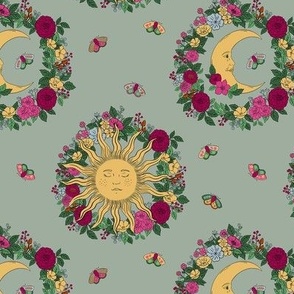 Small - Sun moon and flowers - Faux Duron Coastal Plain green - Celestial magical floral - boho Whimsigothic witch lunar sky fabric - moths and flower wreaths