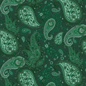 Boho Dark Forest  Green Paisley - Large Scale