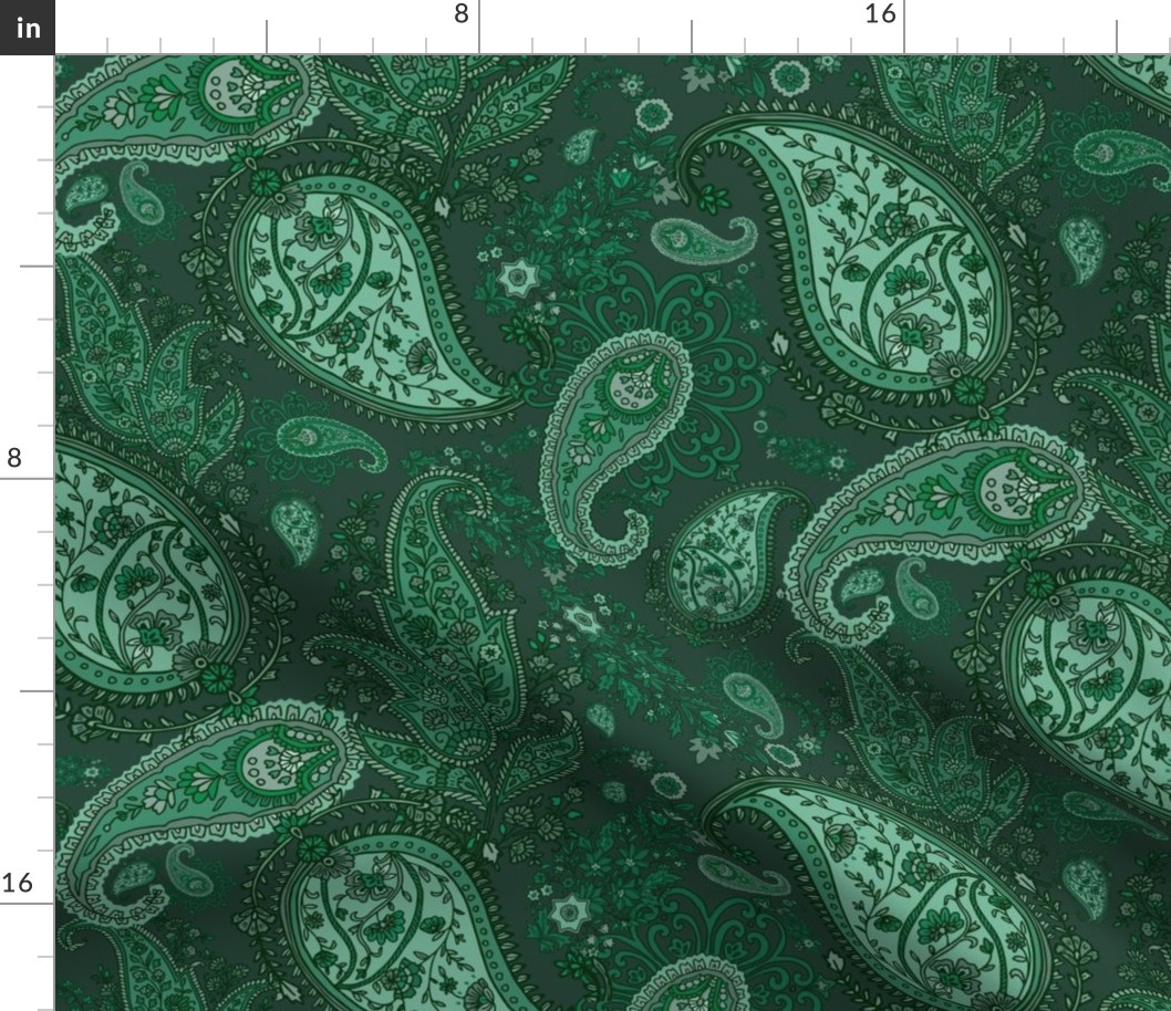 Boho Dark Forest  Green Paisley - Large Scale