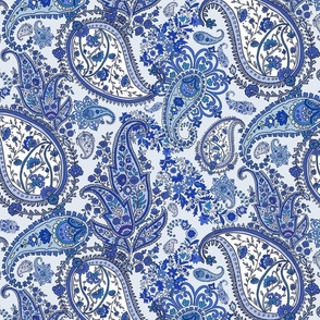 Boho Sapphire and Cobalt Blue and White Paisley - Large Scale