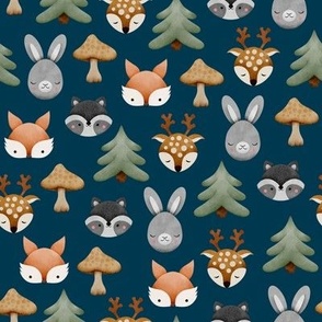 Watercolor woodland forest animals with rabbits, deers, foxes, raccoons, trees and mushrooms on dark blue background 