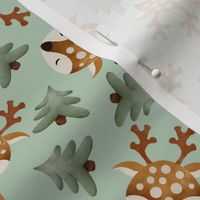 Watercolor woodland forest deers and trees nondirectional pattern on light green background