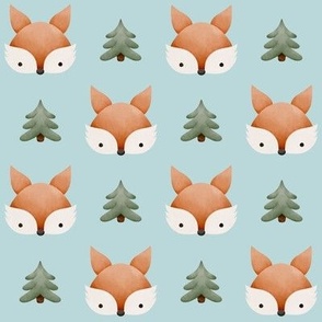 Watercolor woodland forest foxes and pine trees autumn or Christmas pattern for kids on blue background