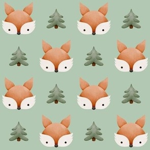 Watercolor woodland forest foxes and pine trees autumn or Christmas pattern for kids on green background