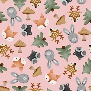 Watercolor woodland forest animals with rabbits, deers, foxes, raccoons, trees and mushrooms on pink background