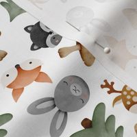 Watercolor woodland forest animals with rabbits, deers, foxes, raccoons, trees and mushrooms on white background