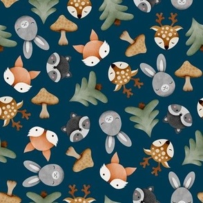 Watercolor woodland forest animals with rabbits, deers, foxes, raccoons, trees and mushrooms on dark blue background