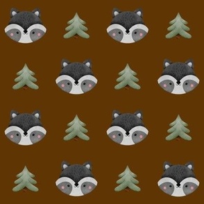  Watercolor woodland forest racoons and pine trees autumn or Christmas pattern for kids on dark brown background