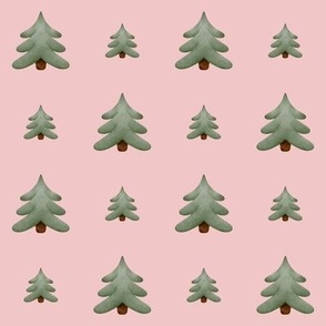 Watercolor woodland forest pine trees autumn or Christmas pattern for kids on pink background