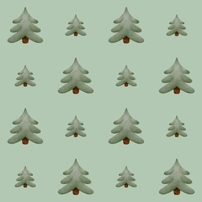Watercolor woodland forest pine trees autumn or Christmas pattern for kids on green background