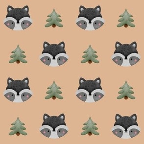  Watercolor woodland forest racoons and pine trees autumn or Christmas pattern for kids on orange background