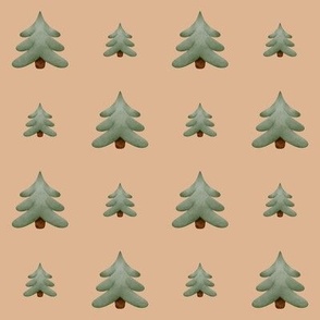 Watercolor woodland forest pine trees autumn or Christmas pattern for kids on brown background