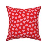 Little lovers - Valentine minimalist groovy retro hearts with outline pink on hot red