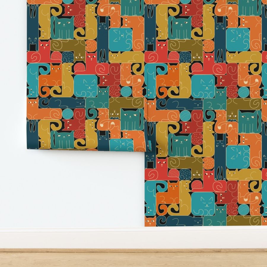 Fun cats shaped as a tetris blocks in retro colors on black