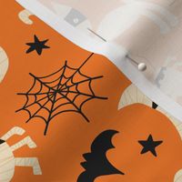 Cute Halloween Animals - Cat, Moon, Spider, Pumpkin, Bats in Mummy Costumes on Orange - Medium