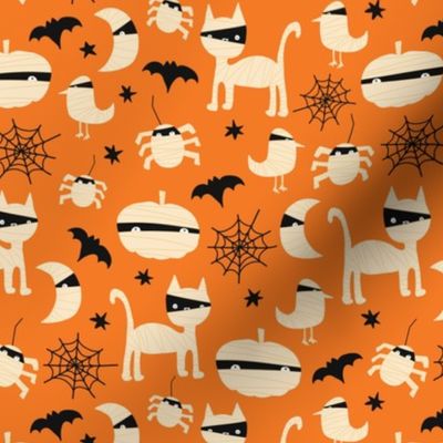 Cute Halloween Animals - Cat, Moon, Spider, Pumpkin, Bats in Mummy Costumes on Orange - Small