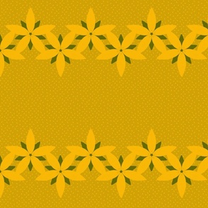 Row-of-yellow-flowers-on-olive-green-with-seeds