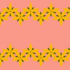 Row-of-yellow-flowers-on-pink-with-seeds