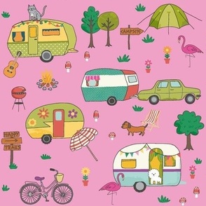 (M) retro Trailers and camping dogs and cat  - pink