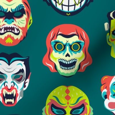 Vintage Halloween Masks on Teal